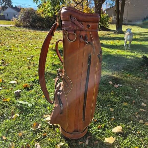 Vintage Hot-Z Brown Leather 6-Way Golf Cart Bag w/ Carry Strap - Picture 3 of 10